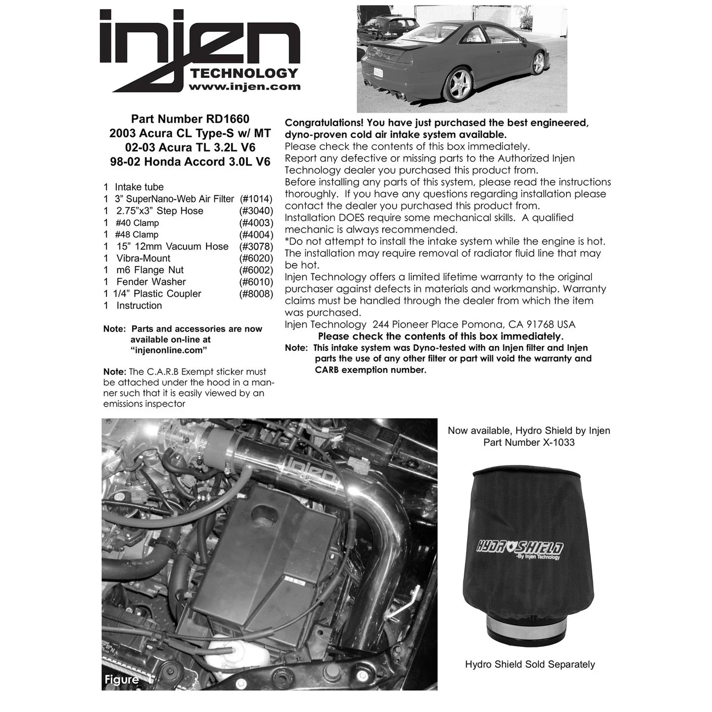 Injen 98-02 Honda Accord / 02-03 Acura TL 3.2L (CARB 02 Only) Black Cold Air Intake *SPECIAL ORDER*