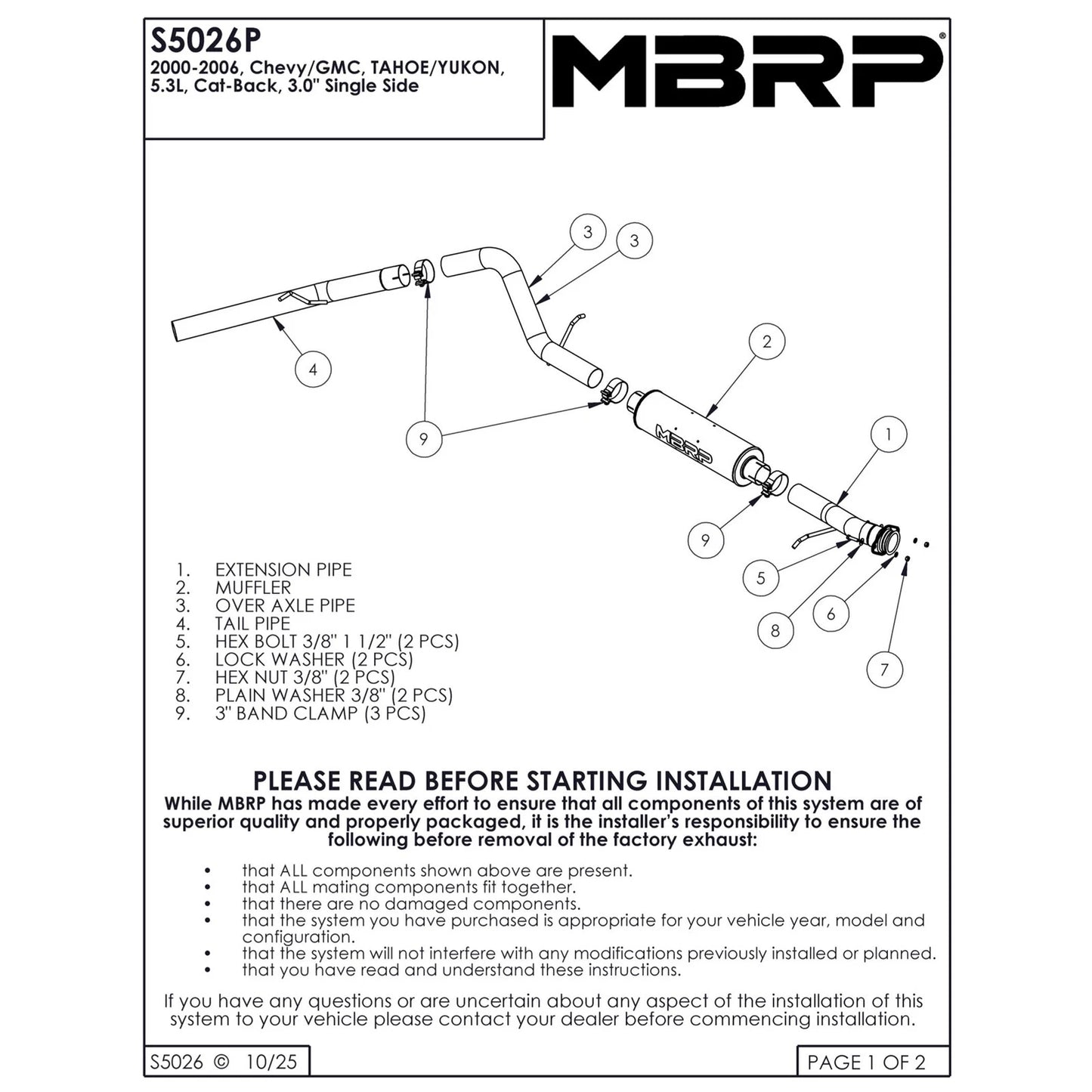 MBRP 2000-2006 Chev/GMC Tahoe/Yukon 5.3L Cat Back Single Side AL P Series Exhaust