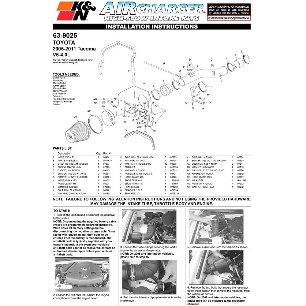 K&N 05-10 Toyota Tacoma V6-4.0L AirCharger Performance Intake