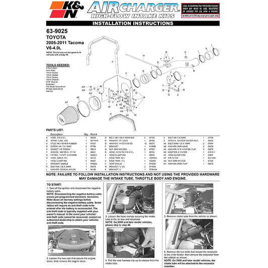 K&N 05-10 Toyota Tacoma V6-4.0L AirCharger Performance Intake