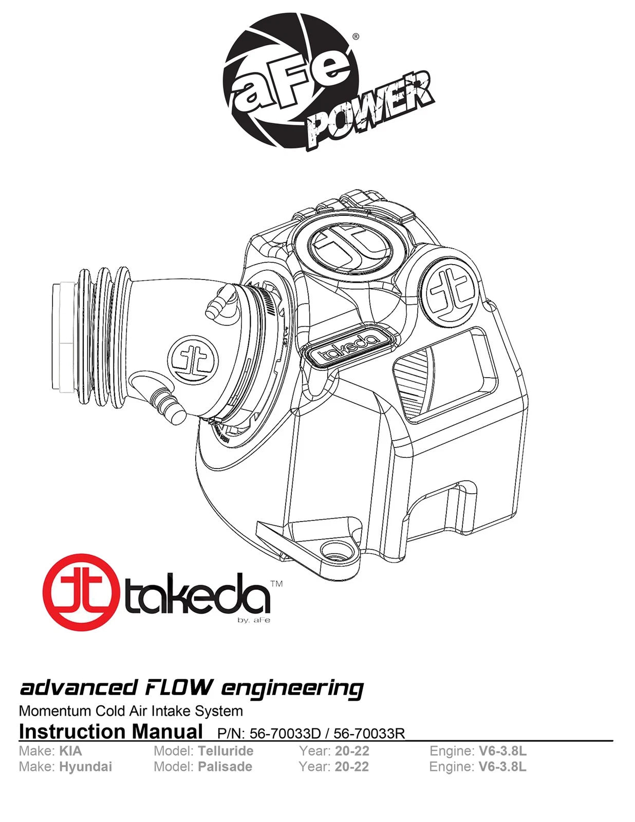 aFe Takeda Momentum Pro 5R Cold Air Intake System 20-22 Kia Telluride / Hyundai Palisade V6 3.8L