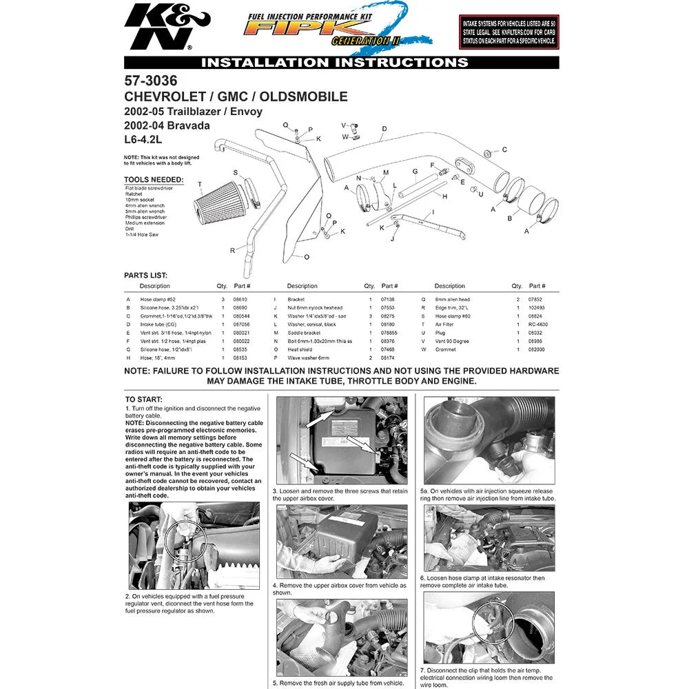 K&N 02-04 Chevy Trailblazer L6-4.2L Performance Intake Kit