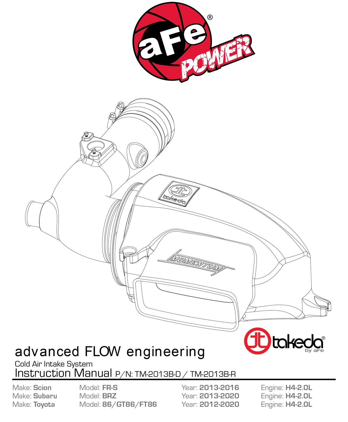 aFe Takeda Momentum Sealed Intake System 13 Scion FR-S H4 2.0L Stage 2 Pro Dry S Wrinkle Black