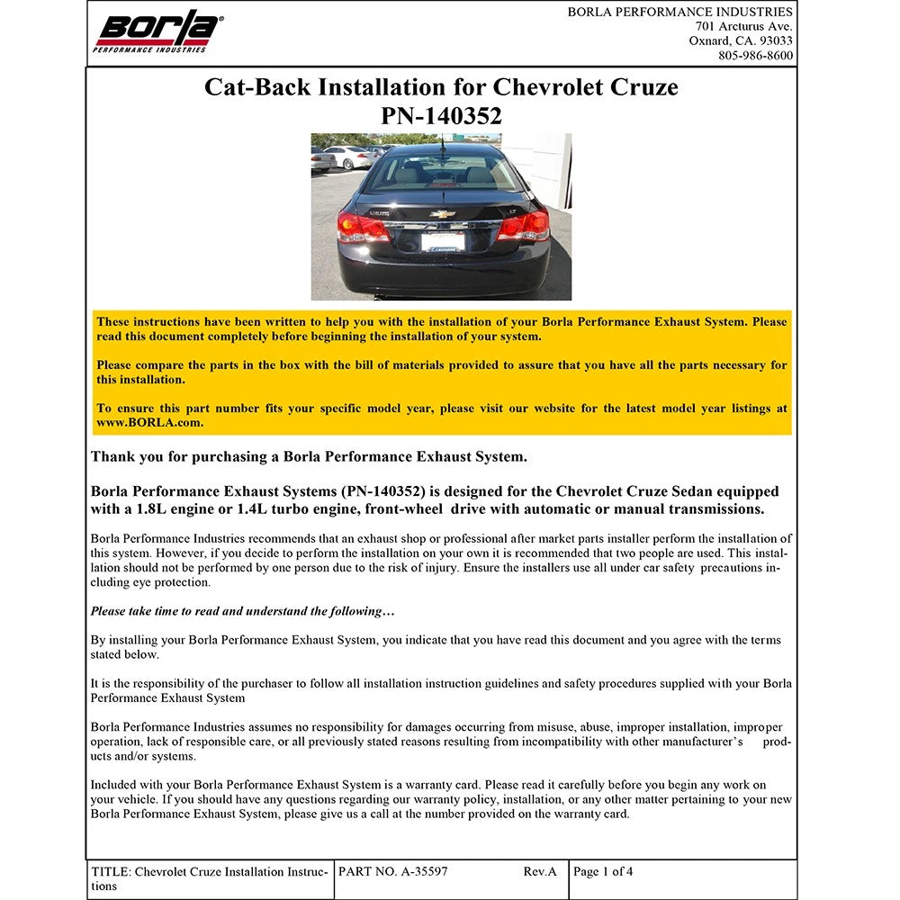 Borla 11-15 Chevrolet Cruze Eco/LS/LT/LTZ SS Catback Exhaust