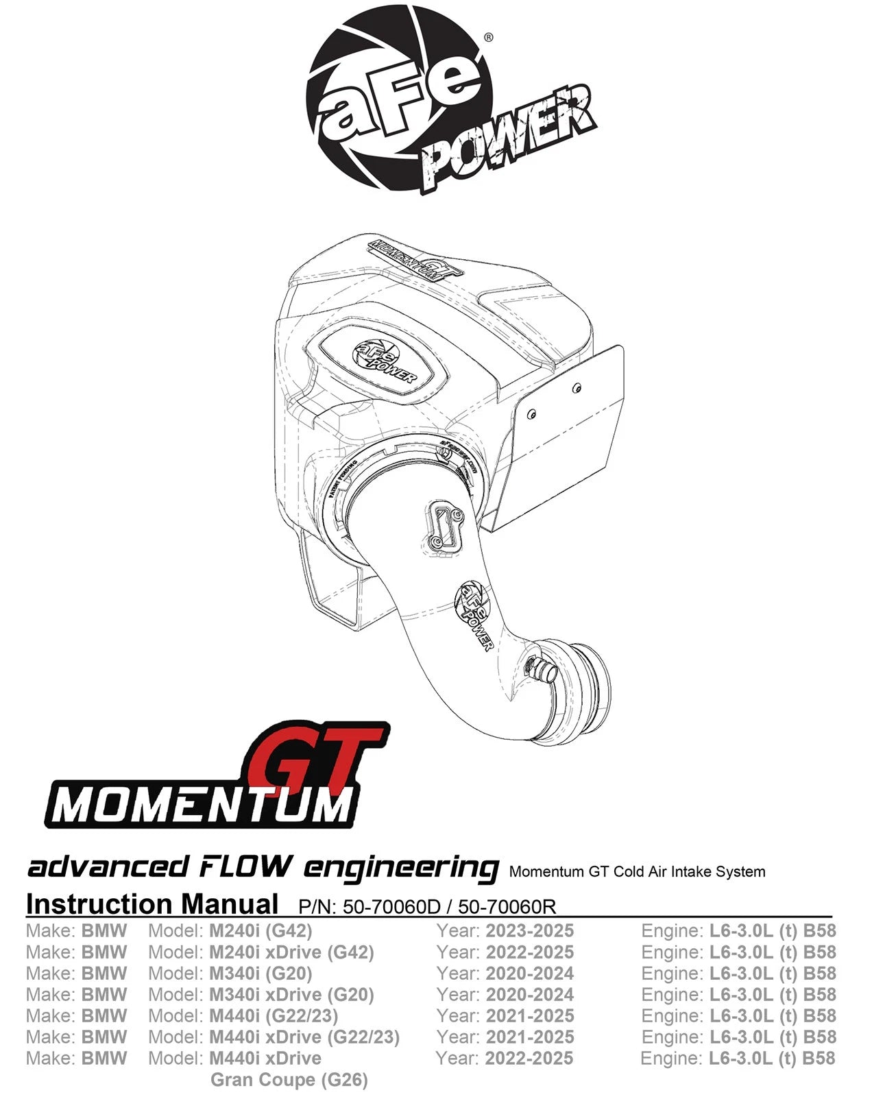 aFe Momentum GT Cold Air Intake System w/Pro Dry S Filter 20-21 BMW M340i (G20) 3.0 L6 (t) N58