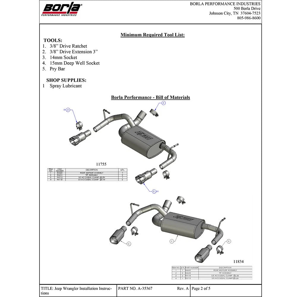 Borla 12-16 Jeep Wrangler 3.6L AT/MT 4WD Single Split Rr Exit Touring Exhaust (rear section only)