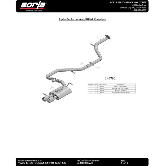 Borla 20-21 Corolla SE/XSE 2.0L AT FWD 4DR S-Type Cat-back
