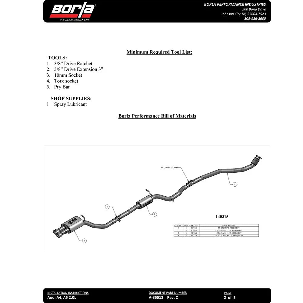 Borla 09-15 Audi A4 Quattro Base SS Catback Exhaust