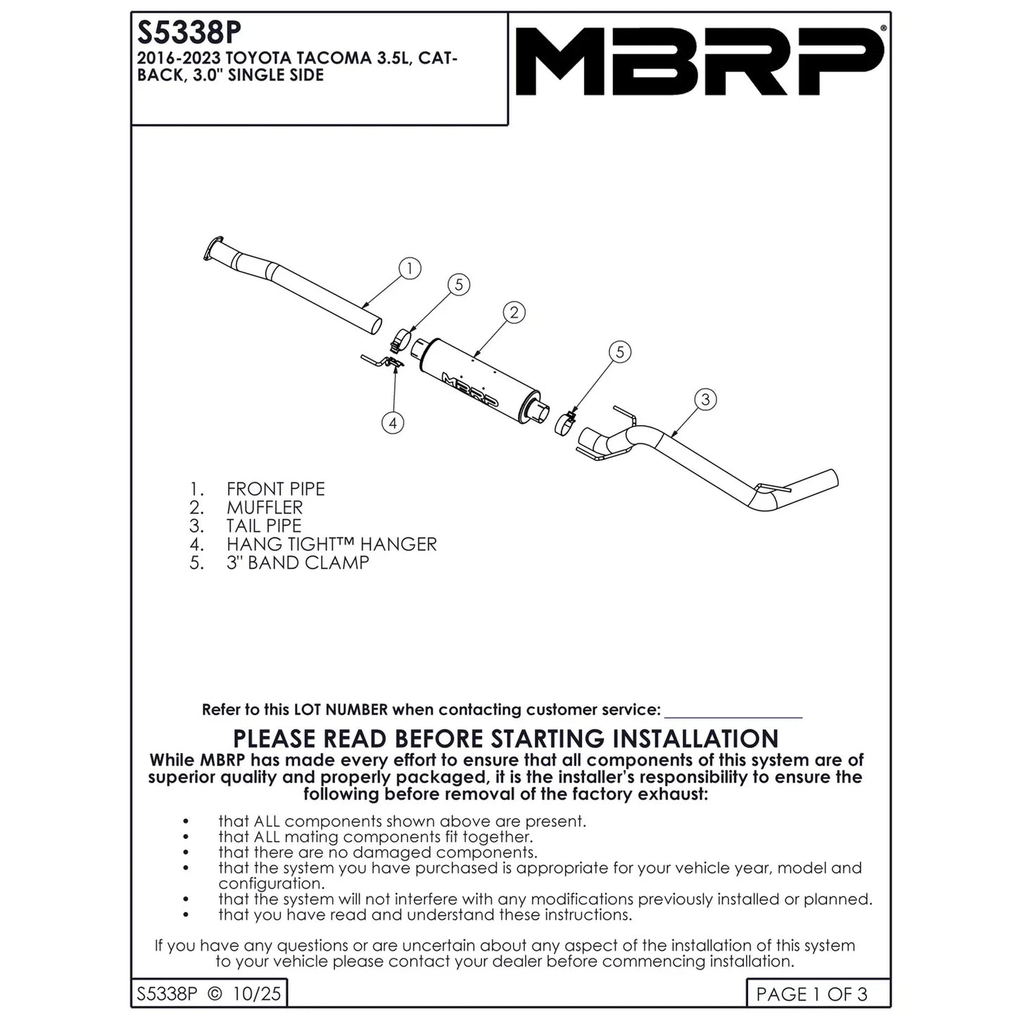 MBRP 16-19 Toyota Tacoma 3.5L 3in Cat Back Single Side Exit Alum Exhaust System