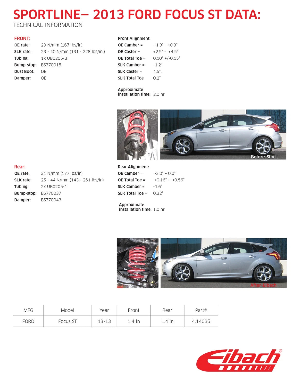 Eibach Sportline Kit for 2013 Ford Focus ST 2.0L 4cyl Turbo (2013 ONLY)