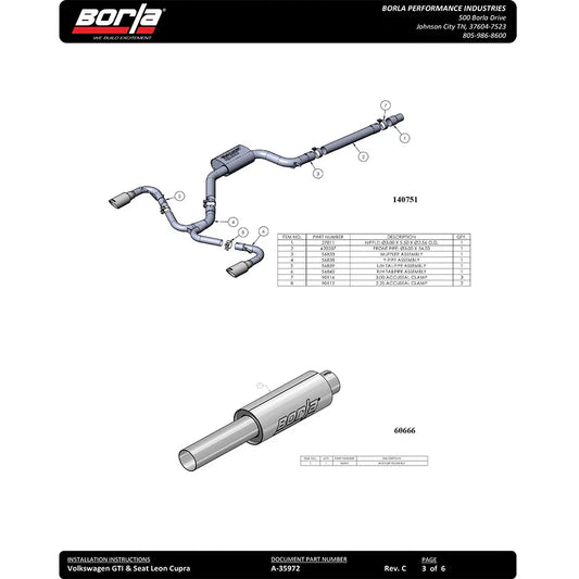 Borla 2018 Volkswagen GTI (MK7.5) 2.0T AT/MT SS S-Type Catback Exhaust w/Black Chrome Tips