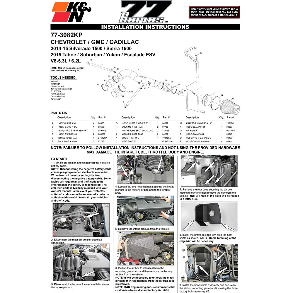 K&N 77 Series Performance Intake Kit - Chevy/GMC 14-15 Silverado/Seirra /2015 Suburban/Tahoe/Yukon
