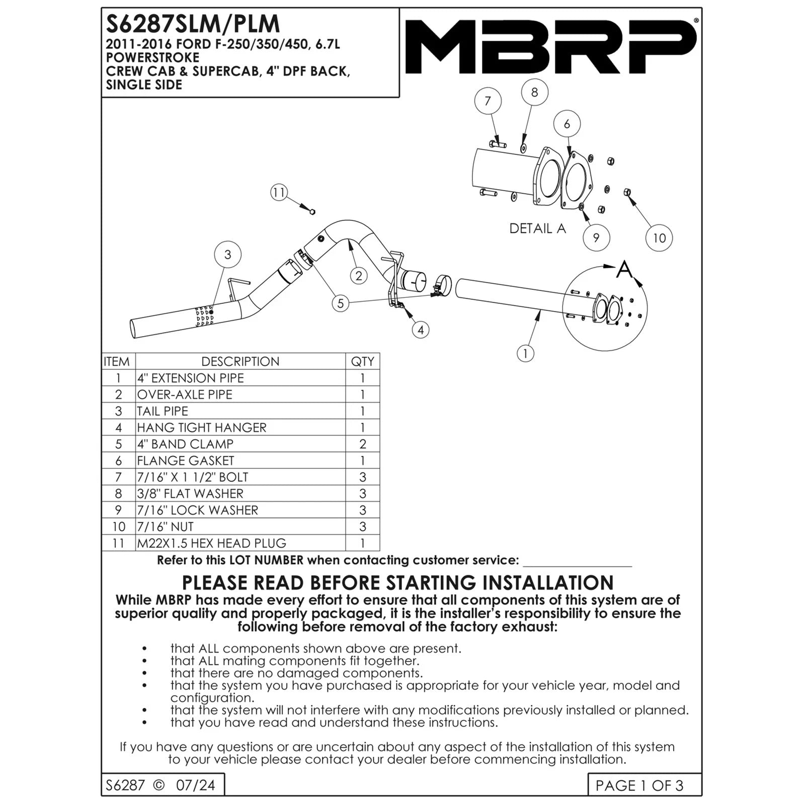 MBRP 11-16 Ford F250/350/450 6.7L 4in Filter Back Single Side T409 No Muffler