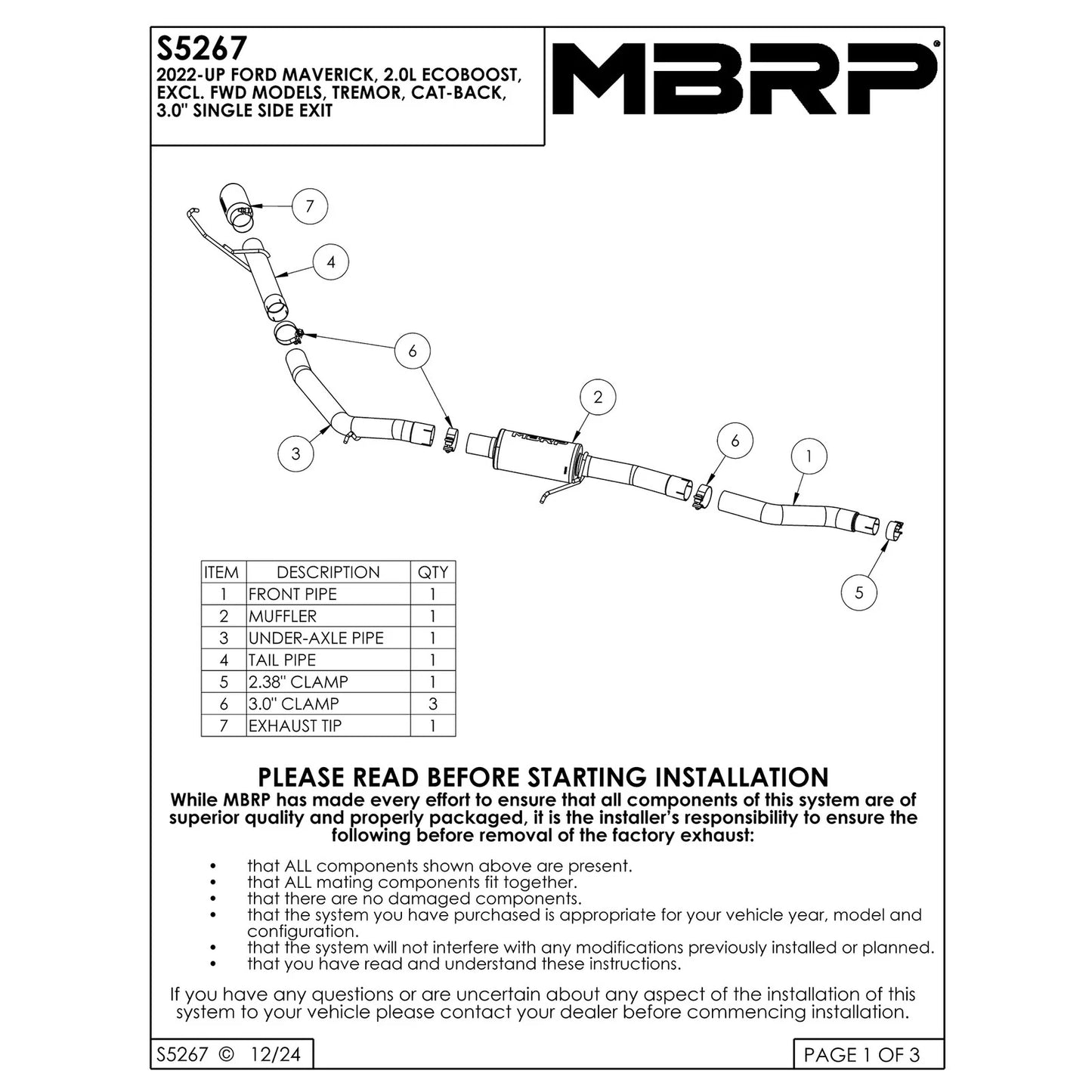 MBRP 2022+ Ford Maverick T304 4in OD Tip Single Side Exit 3in Cat Back Exhaust