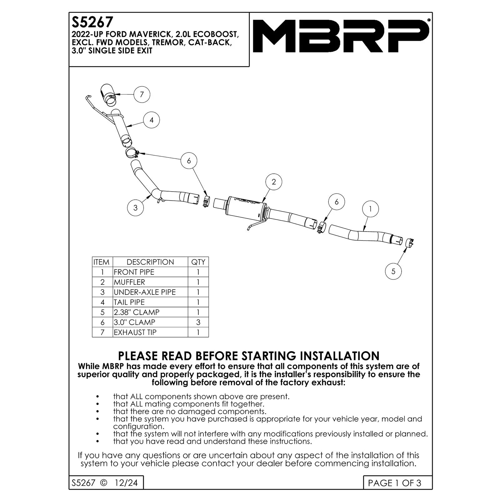 MBRP 2022+ Ford Maverick T304 4in OD Tip Single Side Exit 3in Cat Back Exhaust