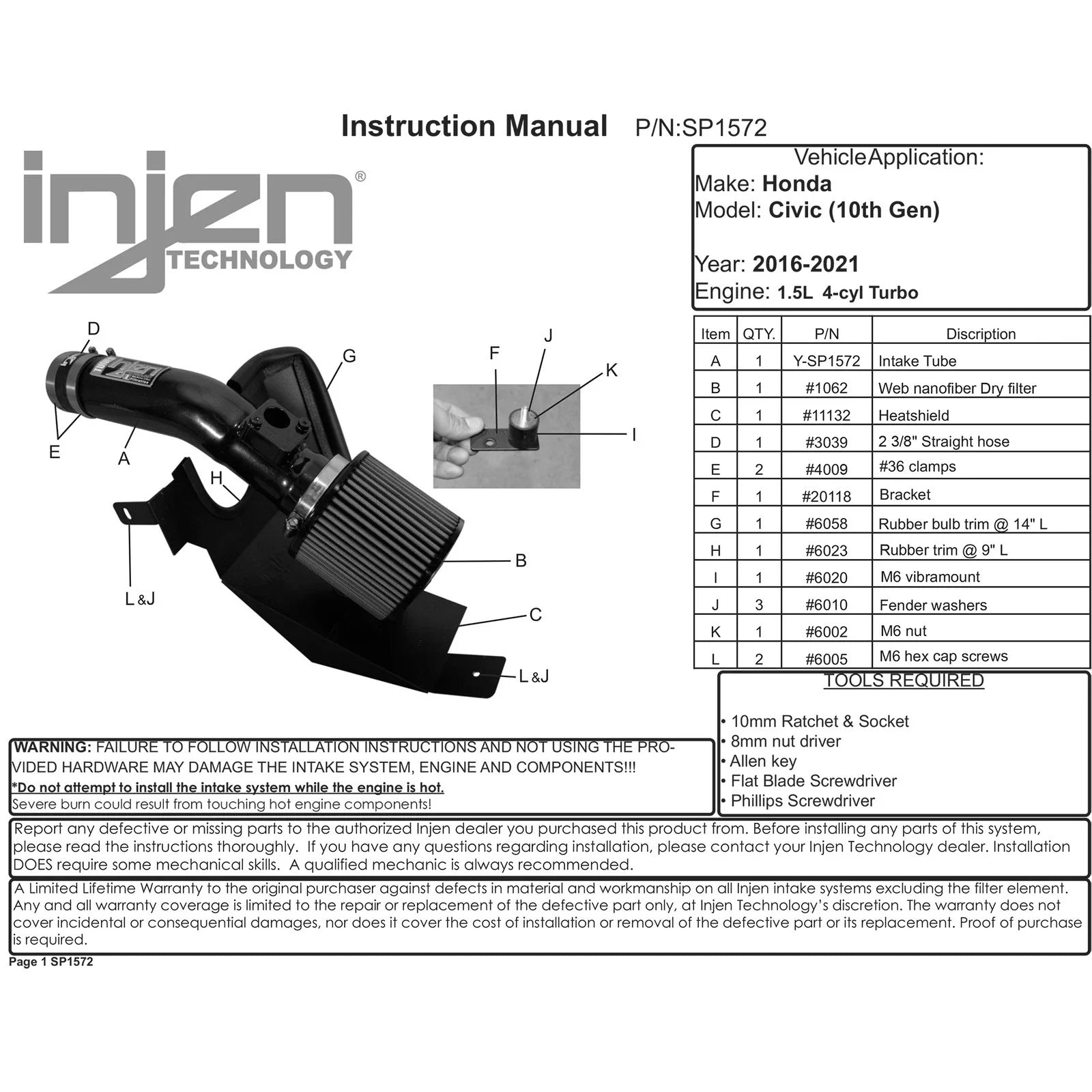 Injen 2016+ Honda Civic 1.5L Turbo (Excl Si) Black Short Ram Air Intake