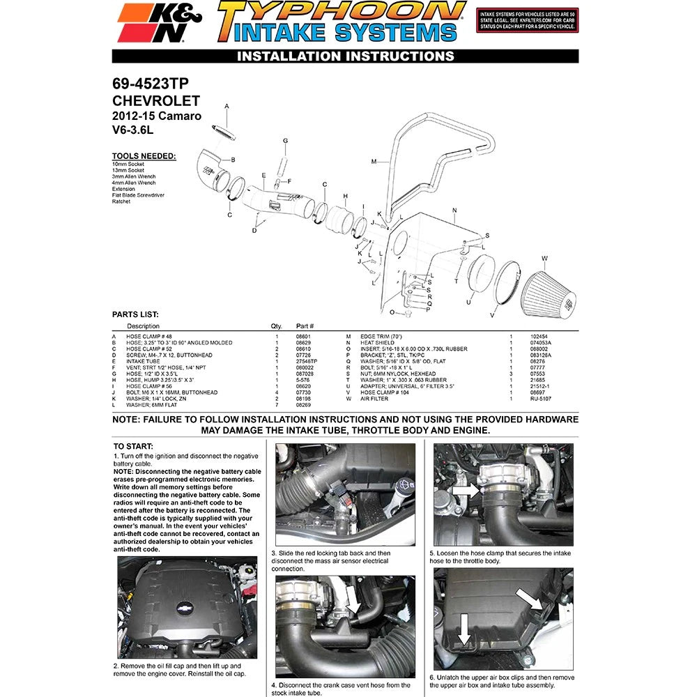 K&N 12-15 Chevrolet Camaro 3.6L V6 Typhoon Performance Intake