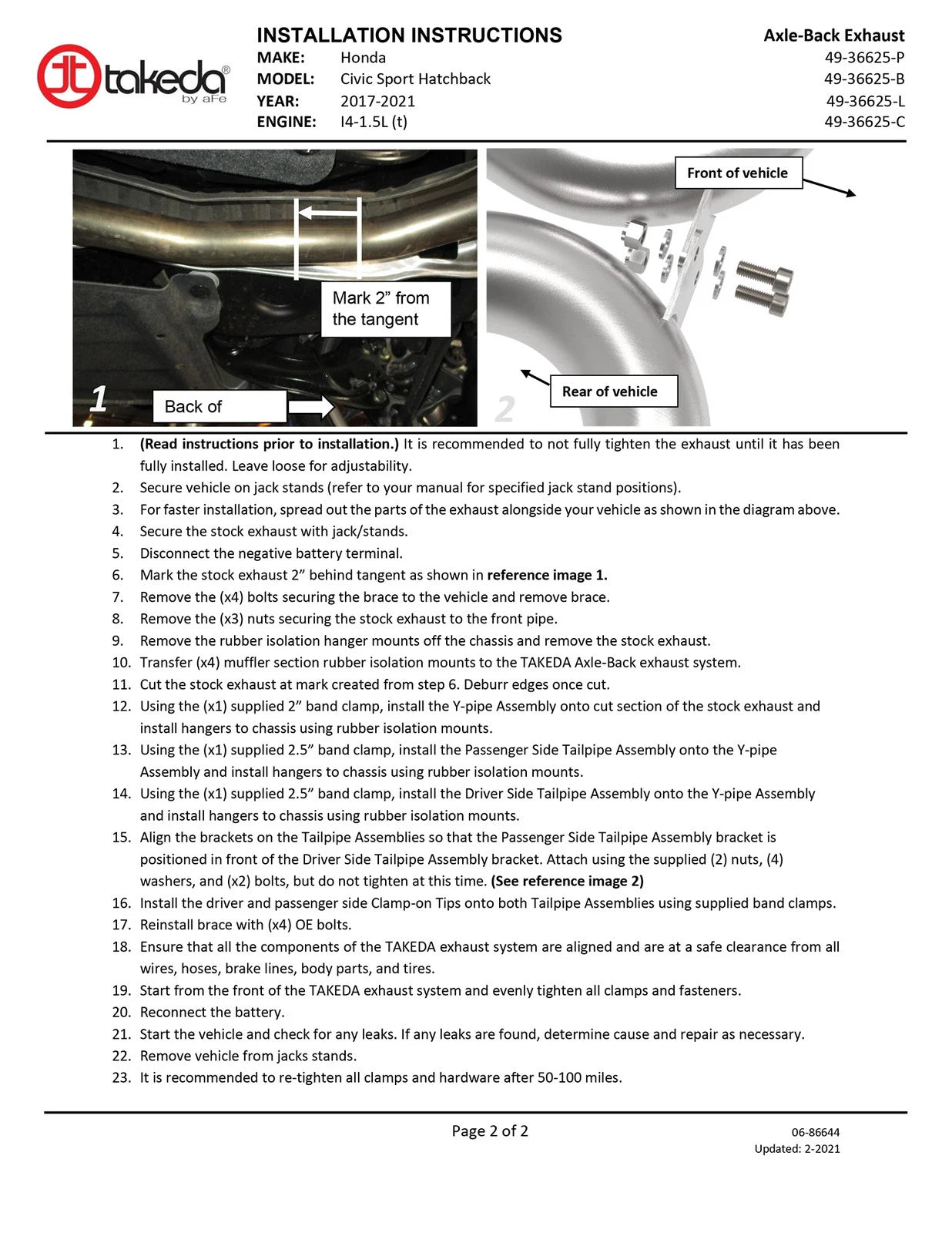 aFe Takeda 2-1/2in 304 SS Axle-Back Exhaust w/Carbon Tips 17-20 Honda Civic Sport L4-1.5L (t)